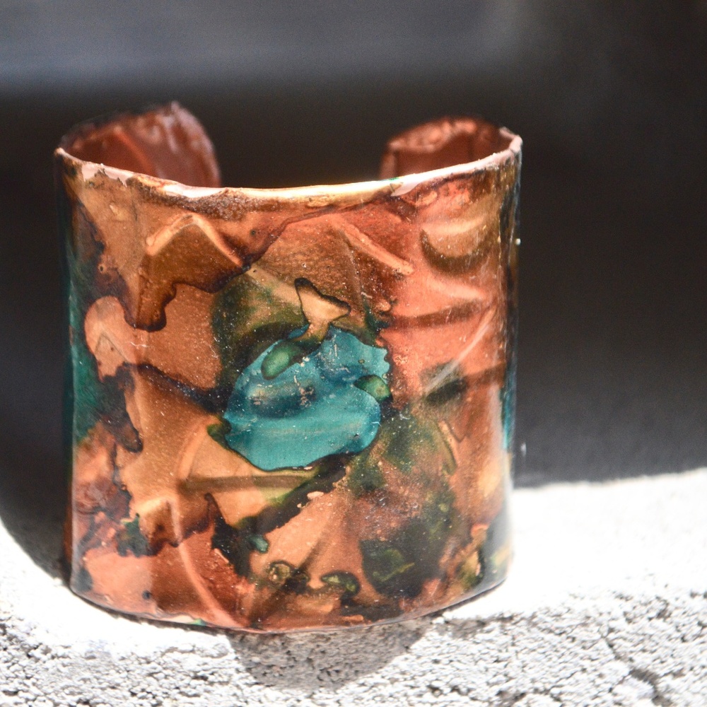 Abstract Copper Psychedelic Wide Cuff Bracelet Handmade Gift Colorful - Picture 3 of 8